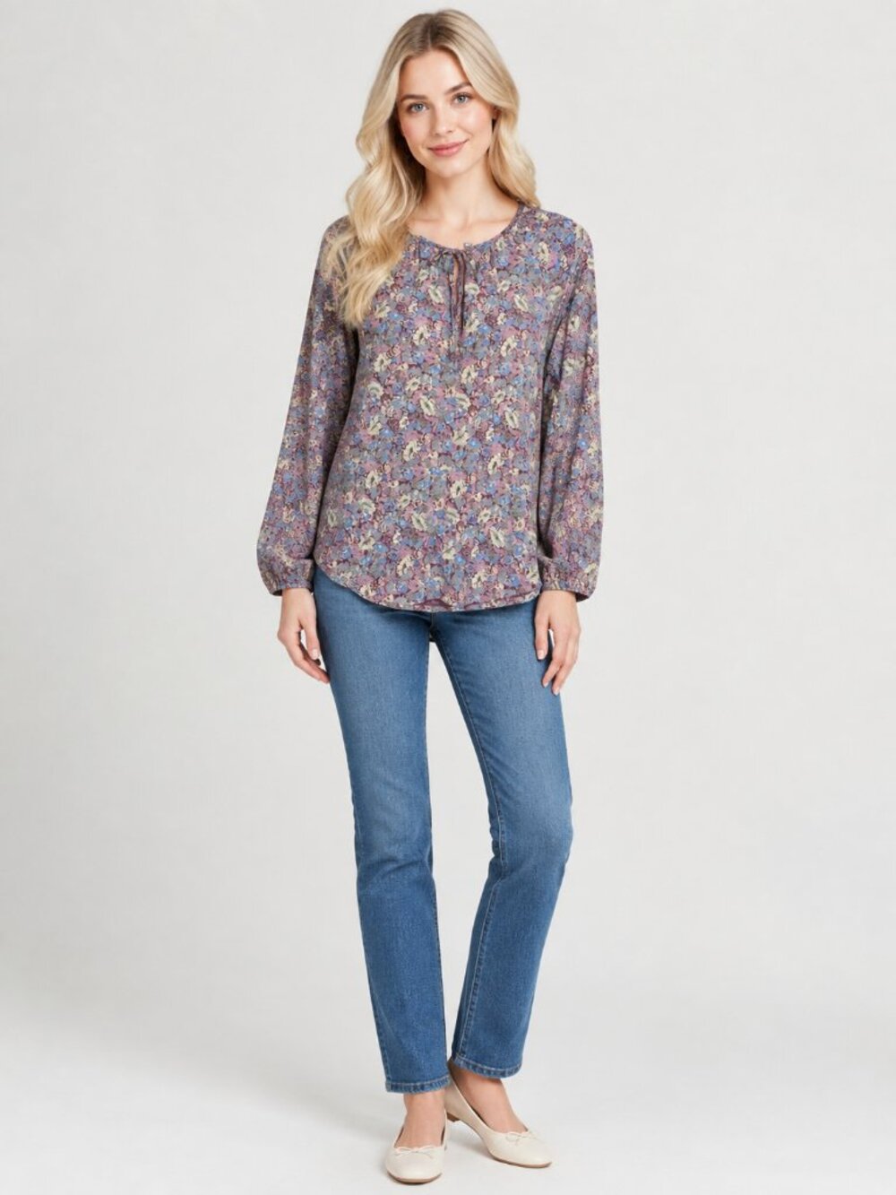 Lucky Brand Floral Print Tie-Neck Peasant Blouse Dusty Plum Small #A4529